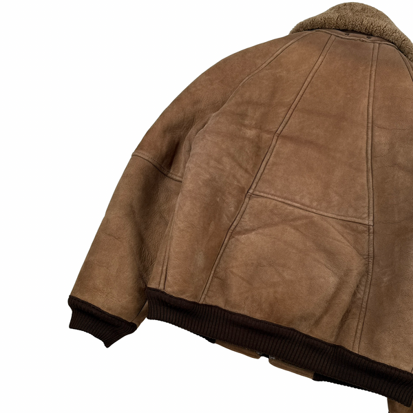 Vintage Beige Leather Lined Shearling Collar Bomber Jacket - Medium