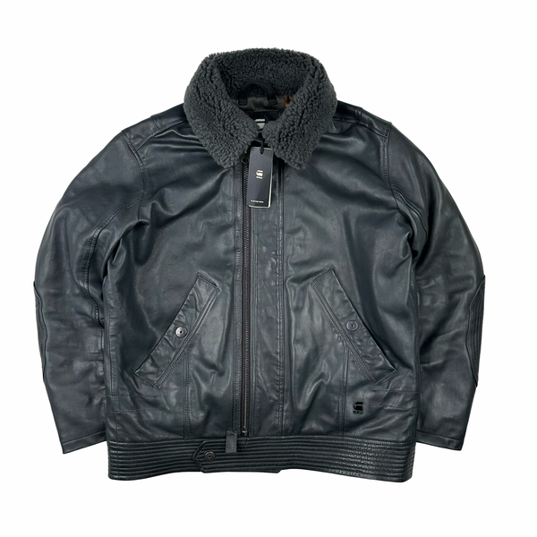 G Star Raw Black Leather Lined Shearling Collar Jacket - Medium