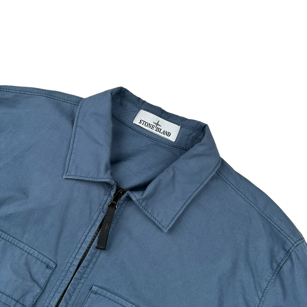 Stone Island 2023 Blue Supima Cotton Twill Zipped Overshirt - Medium