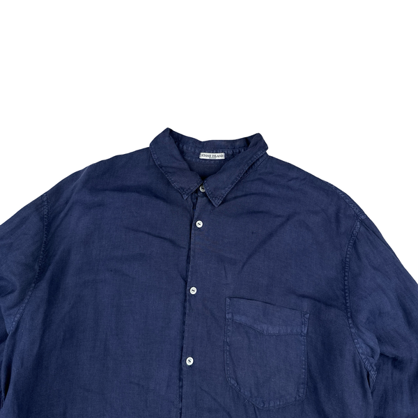 Stone Island Early 2000’s Navy Linen Spellout Buttoned Shirt - XXL