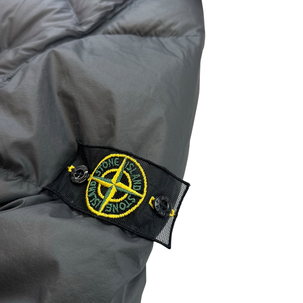 Stone Island 2007 Opaque Nylon Tela Spellout Hood Mesh Badge Long Puffer Jacket - 3XL