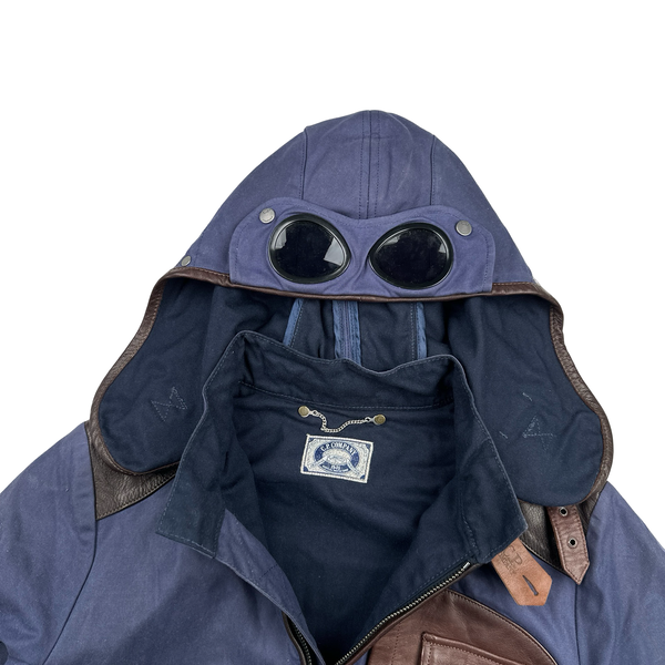 CP Company Blue/Brown Leather Hand Wax Finishing Goggle Jacket - Medium