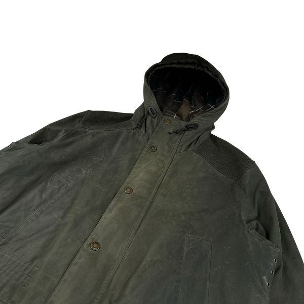 Barbour Green Cotton Flannel Lined Hooded Wax Jacket - XL