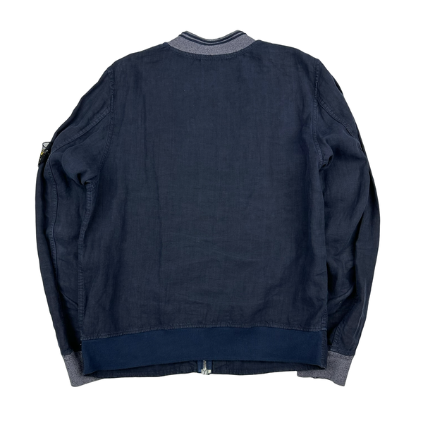 Stone Island 2008 Navy Lino Mesh Badge Linen Zip Up Jumper - Large