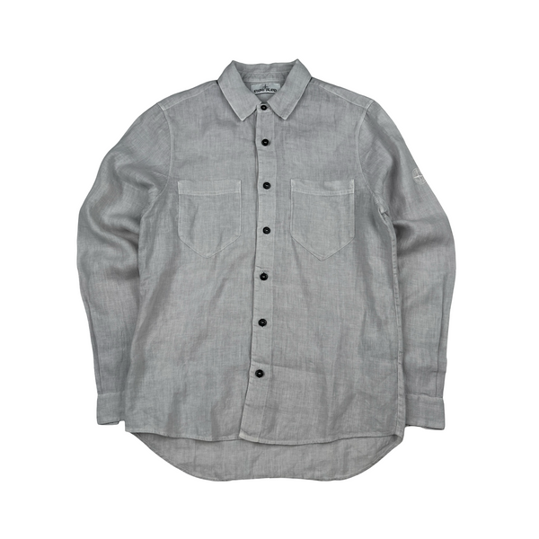 Stone Island Linen Grey Arm Logo Buttoned Shirt - Small