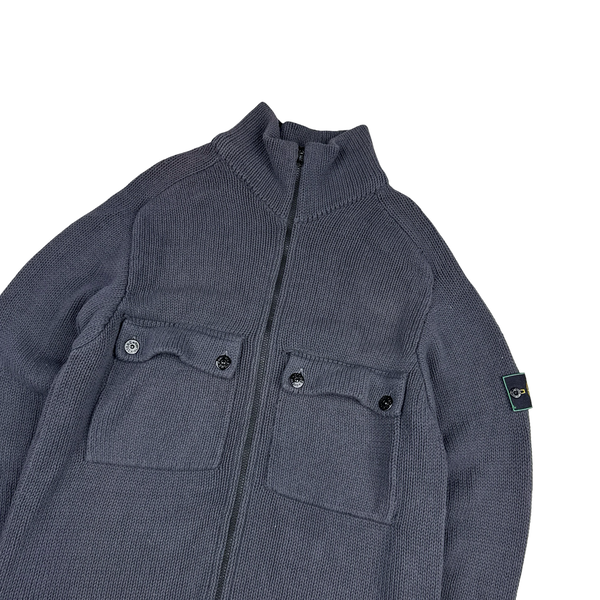 Stone Island Vintage Green Edge Grey Thick Knitted Cotton Jumper - Large