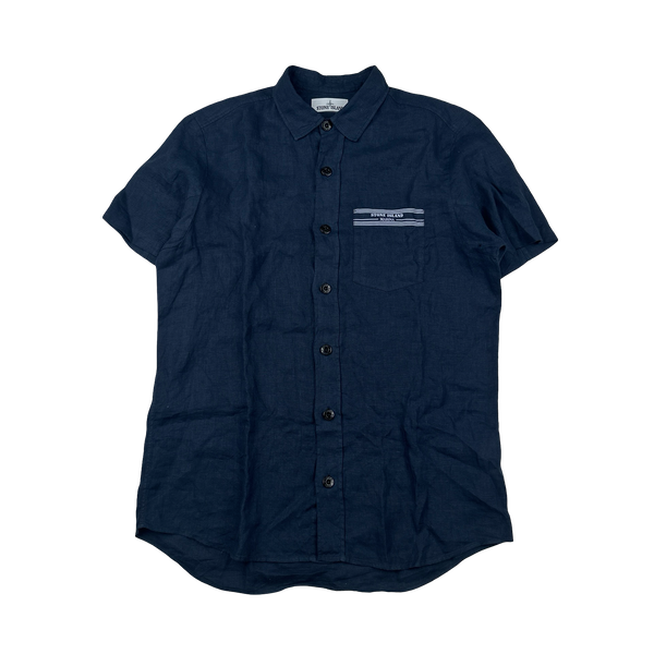 Stone Island 2017 Navy Linen Marina Spellout Shirt - XL