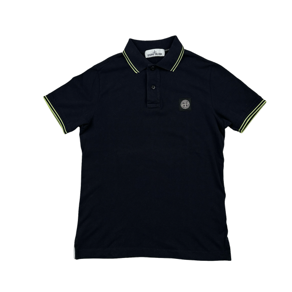 Stone Island Navy Green Piping Short Sleeve Polo Shirt - Small