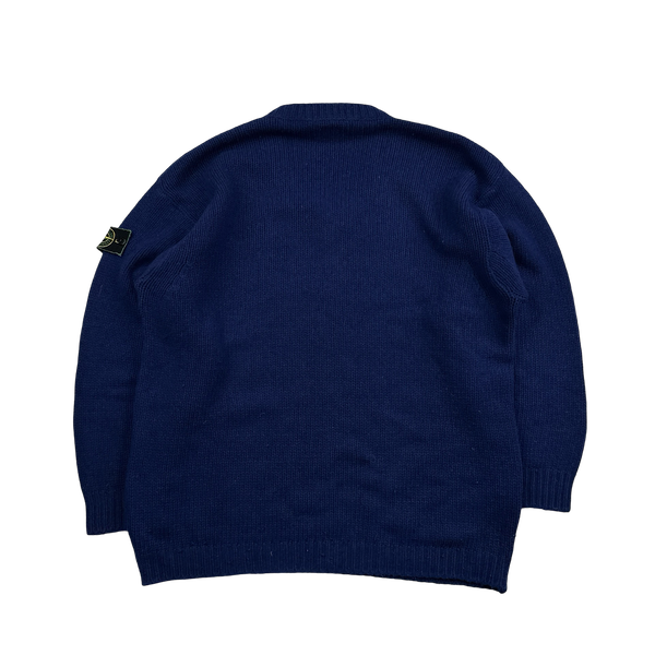 Stone Island 90s Blue Wool V-Neck Vintage Jumper - Large