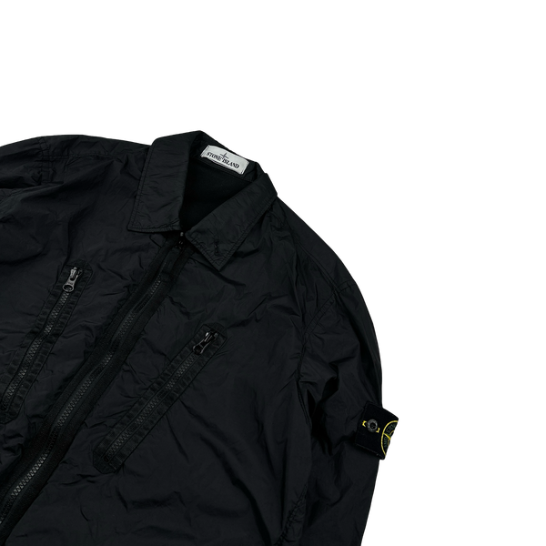 Stone Island 2022 Black Garment Dyed Crinkle Reps Zipped Overshirt - Small