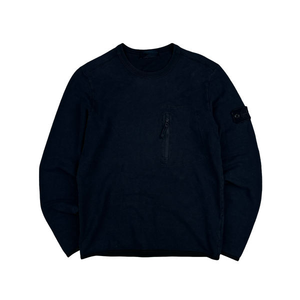 Stone Island Navy Ghost Cotton Chest Zip Crewneck Jumper - Medium