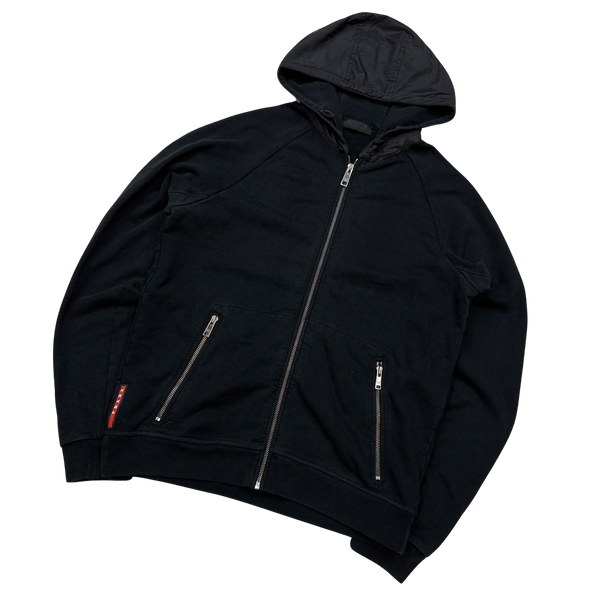 Prada Black Nylon Metal Panel Cotton Hoodie - Medium