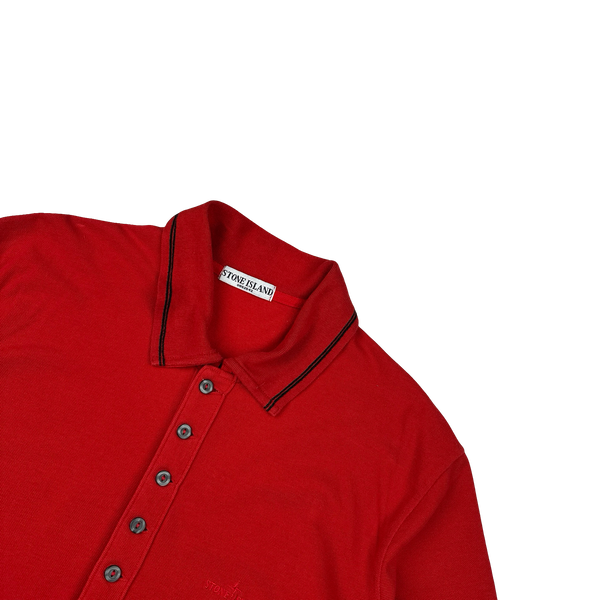 Stone Island 2008 Red Cotton Collared Neck Spellout Polo - 3XL