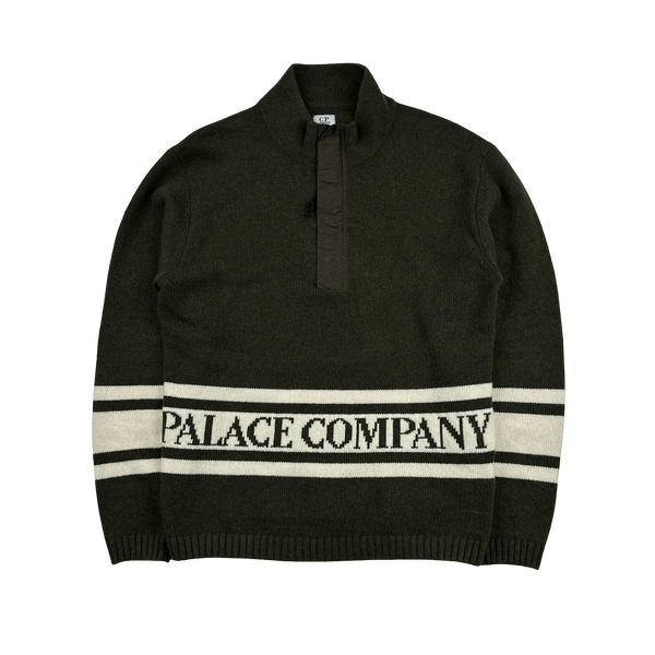 CP Company Green Wool Quarter Zip Knitted Spellout Jumper - Small
