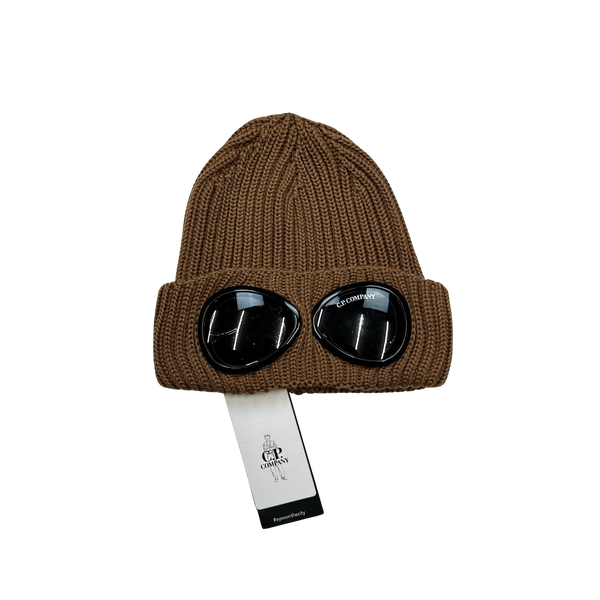 CP Company Brown Thick Ribbed Merino Wool Goggle Beanie