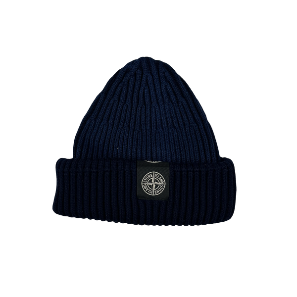 Stone Island Navy Blue Ribbed Logo Patch Beanie