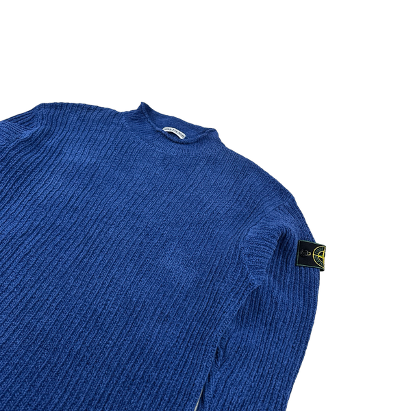 Stone Island 1995 Blue Mock Neck Cotton Knit Jumper - XL