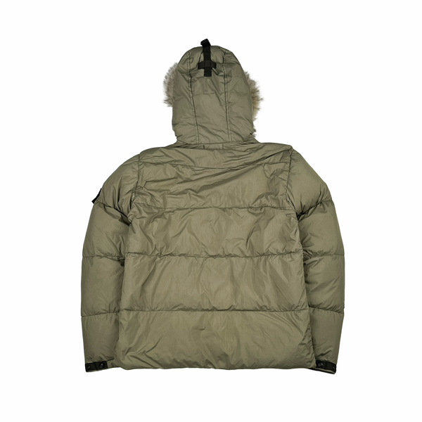 Stone Island 2015 Fur Trim Brown Crinkle Reps Puffer Jacket - Large