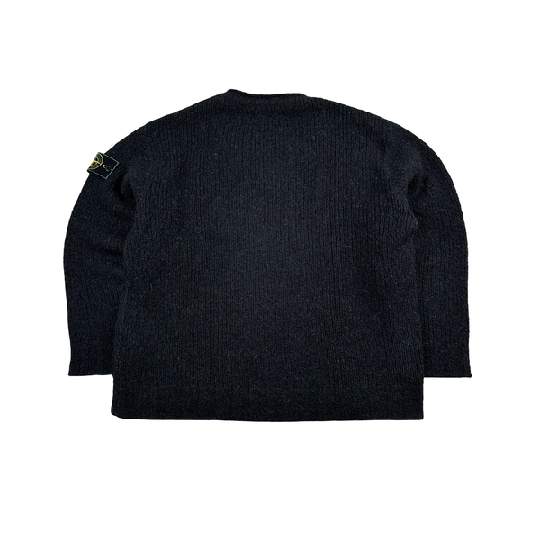 Stone Island 1998 Grey Low Neck Green Edge Knitted Wool Jumper - Large