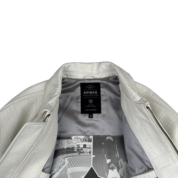 Avirex White Leather Spell Out Bomber Jacket - Medium
