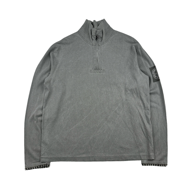 Stone Island 2002 Grey Cotton Quarter Zip Spellout Compass Pullover - XL