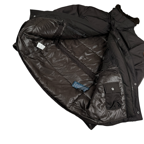 Ralph Lauren Brown Shearling Collar Quilted Multi Pocket Hooded Down Jacket - Medium