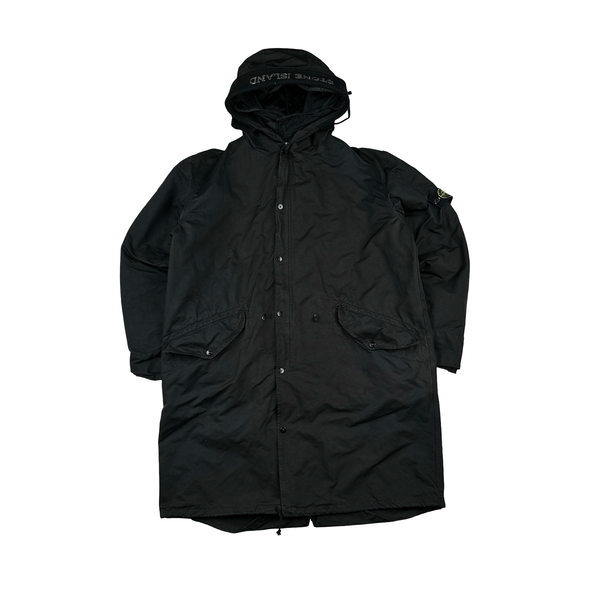 Stone Island 2007 Black David TC Dutch Liner Spellout Hood Long Parka Jacket - XXL