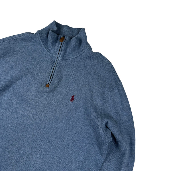 Ralph Lauren Blue Cotton Knit Quarter Zip Jumper - Medium