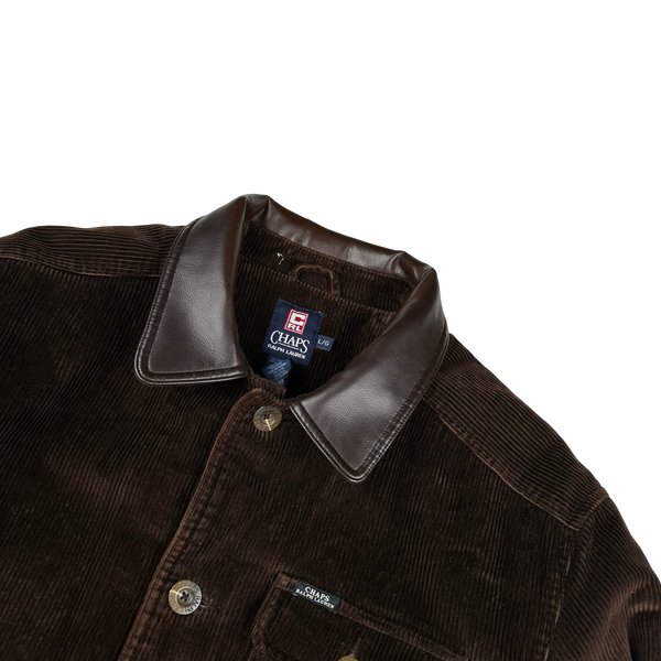 Ralph Lauren Chaps 90's Brown Corduroy Flannel Lined Leather Collar Jacket - Large