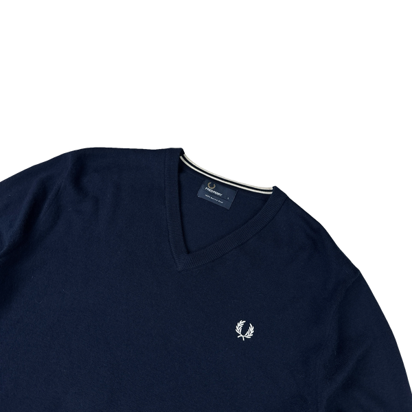 Fred Perry Merino Wool Navy V Neck Knit - Large