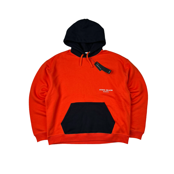 Stone Island Marina 2023 Orange And Navy Spellout Embroidered Pullover Hoodie - XL