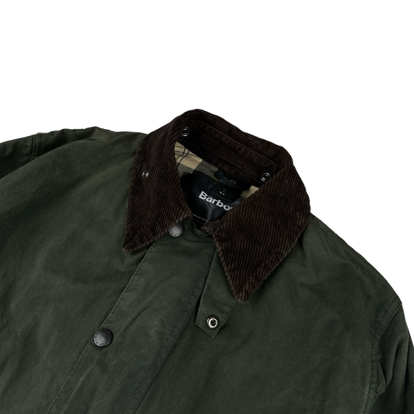 Barbour Border Green Cotton Flannel Lined Corduroy Collar Wax Jacket - Large