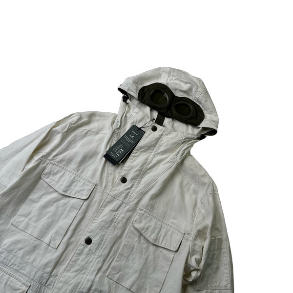 CP Company White Plated Linen La Mille Goggle Jacket - Large