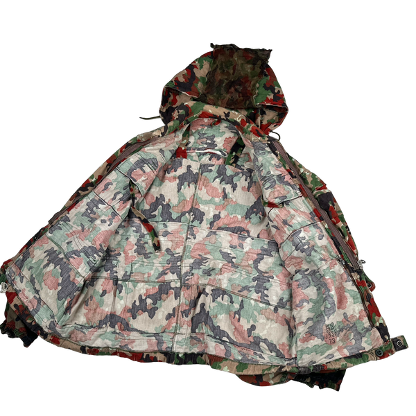 Vintage 70s Swiss Alpenflage M70 Netted Face Covering Multi-Pocket Cotton Jacket - XL