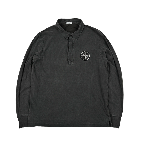 Stone Island 2005 Charcoal Longsleeve Cotton Embroiderd Compass Polo Top - XL