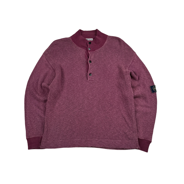 Stone Island 1986 Knitted Chenille Green Edge Patch Buttoned Pullover - Large