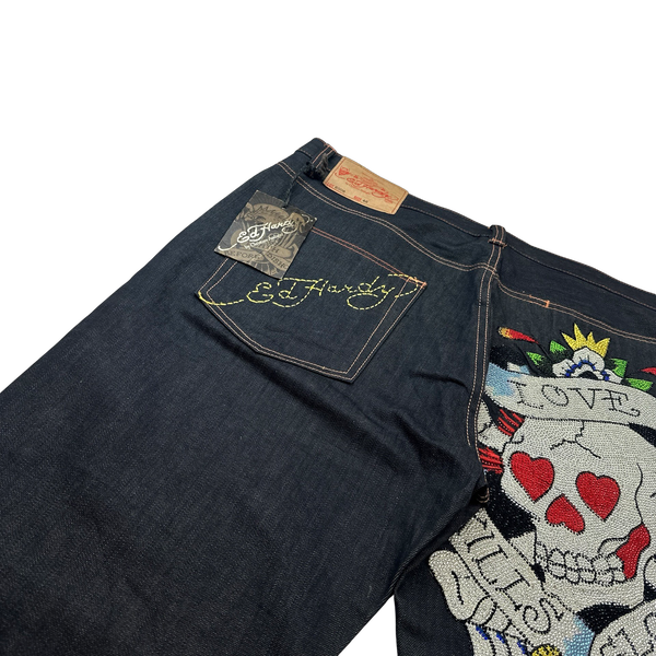 Ed Hardy By Christian Audigier Rare Deadstock Rhinestone Baggy Fit Graphic Skull Jeans - 42"