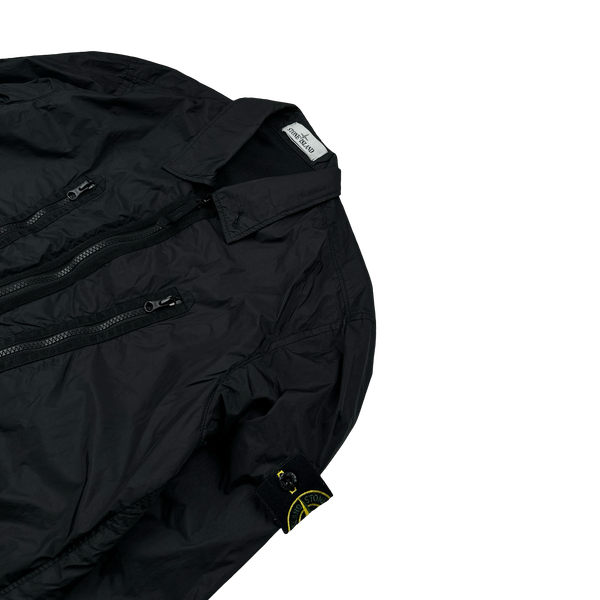 Stone Island 2022 Black Garment Dyed Crinkle Reps Zipped Overshirt - Small