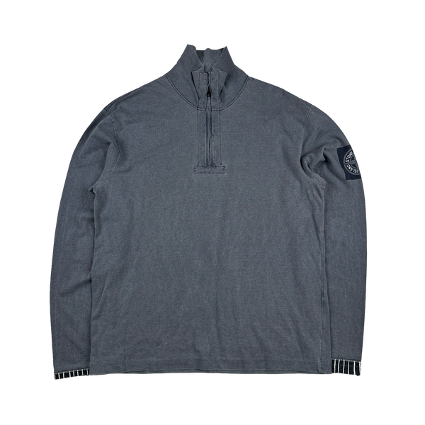 Stone Island 2002 Blue Cotton Quarter Zip Spellout Compass Pullover - XL