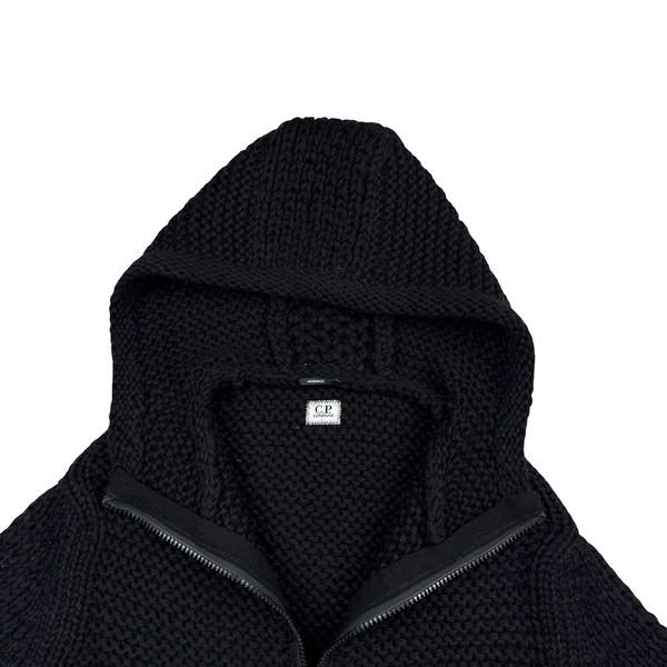 CP Company Black Heavyweight 100% Wool Handmade Knitted Zipped Hoodie - Medium
