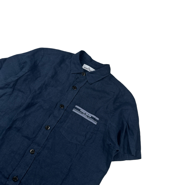 Stone Island 2017 Navy Linen Marina Spellout Shirt - XL