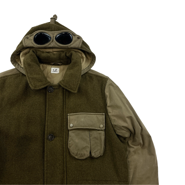 CP Company Rare Khaki Wool Collared Quilted Goggle Jacket - Medium