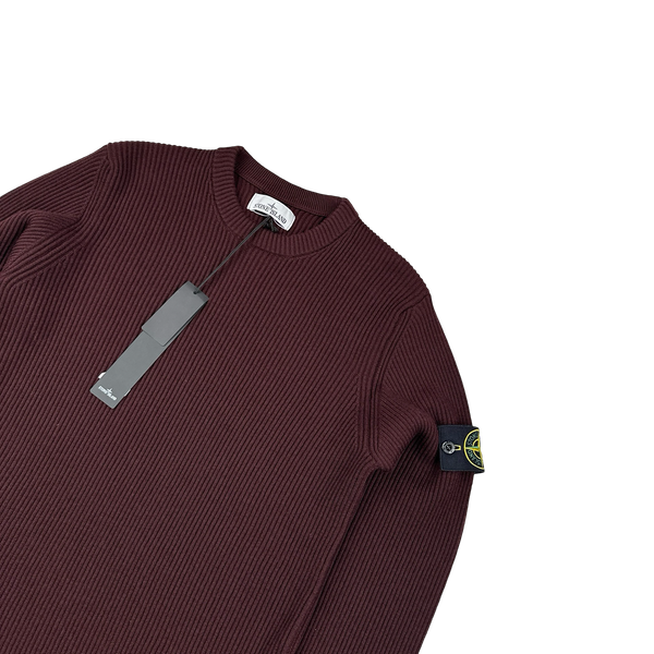 Stone Island 2023 Burgundy 100% Wool Ribbed Jumper - Medium