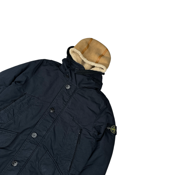 Stone Island 2016 Navy David TC Dutch Rope Shearling Hood Down Lined Winter Jacket - Large
