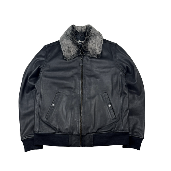 Schott Black Leather Shearling Collar Jacket - Large