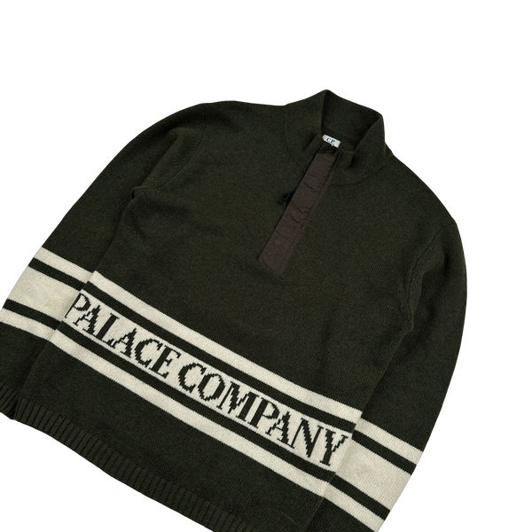 CP Company Green Wool Quarter Zip Knitted Spellout Jumper - Small