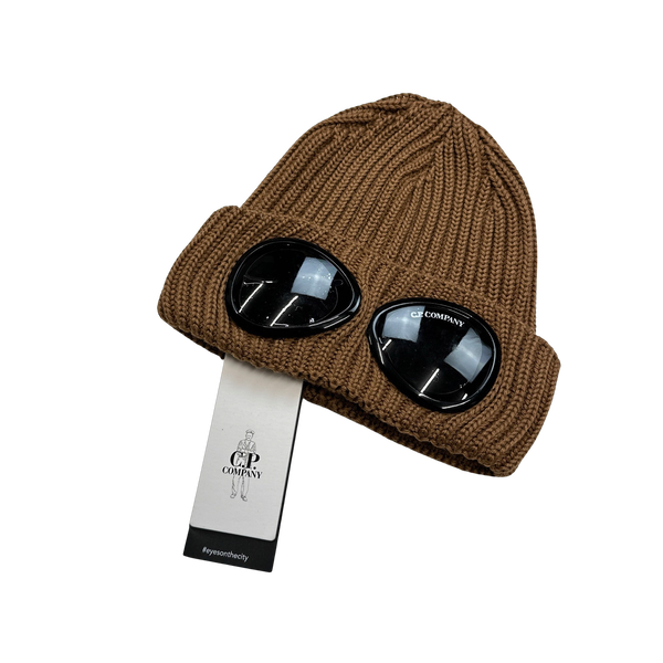 CP Company Brown Thick Ribbed Merino Wool Goggle Beanie