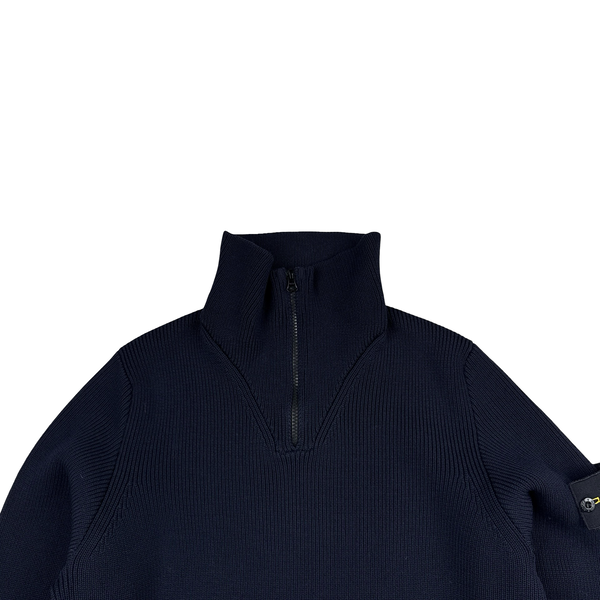 Stone Island Navy Wool Ribbed Zipped Neck Knit Jumper - Medium