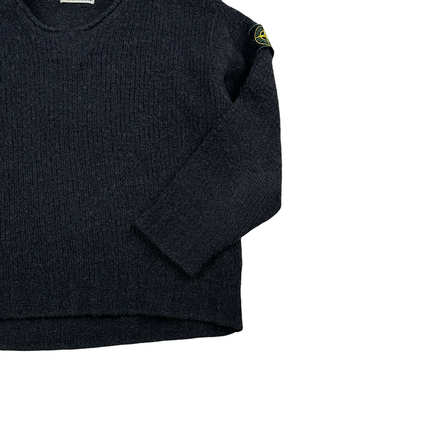 Stone Island 1998 Grey Low Neck Green Edge Knitted Wool Jumper - Large