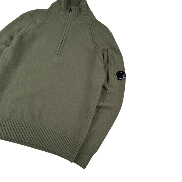 CP Company Khaki Green Thick Wool Quarter Zip Lens View Jumper - Small
